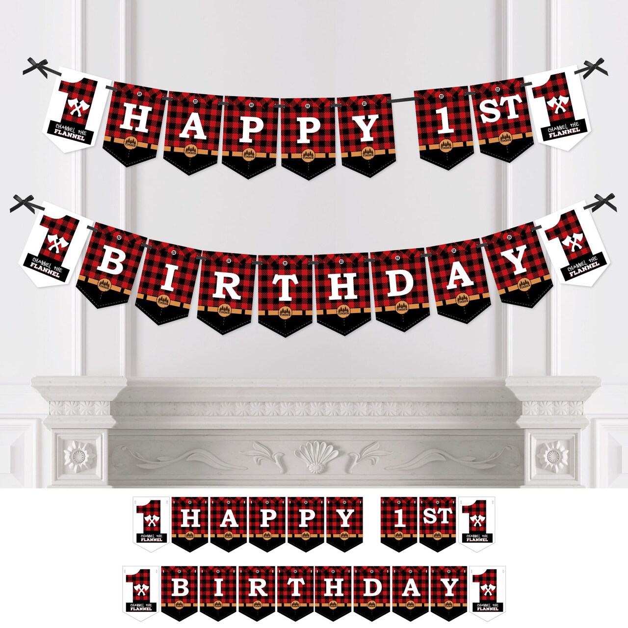 Big Dot of Happiness 1st Birthday Lumberjack - Channel The Flannel - Buffalo Plaid First Birthday Party Bunting Banner Decoration - Happy 1st Birthday